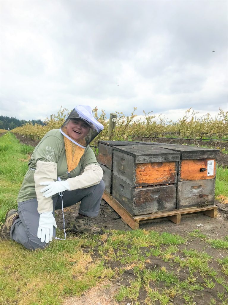 Emma working with honey bees in a field