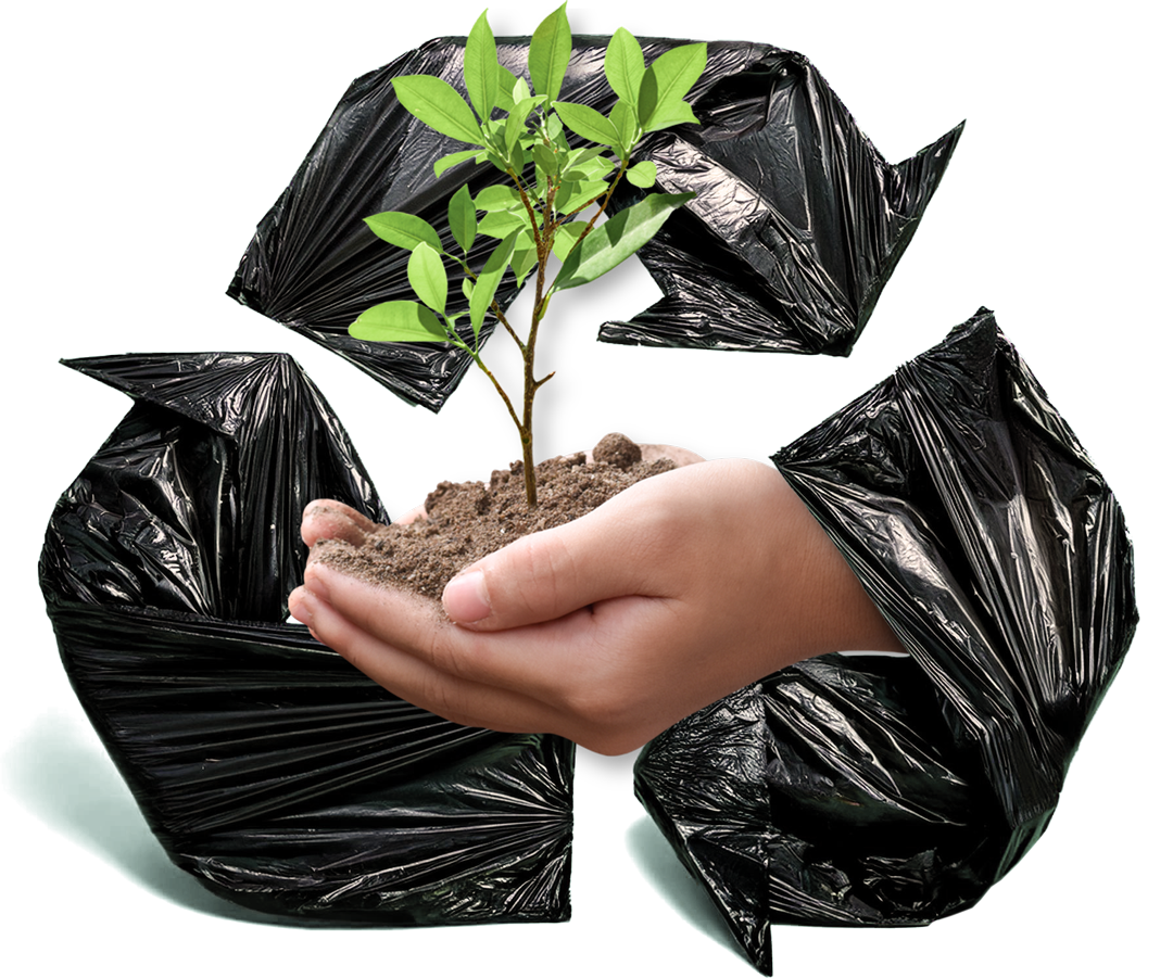 Hands holding soil and a seeding in the middle of recycle symbol made from black plastic sheet.
