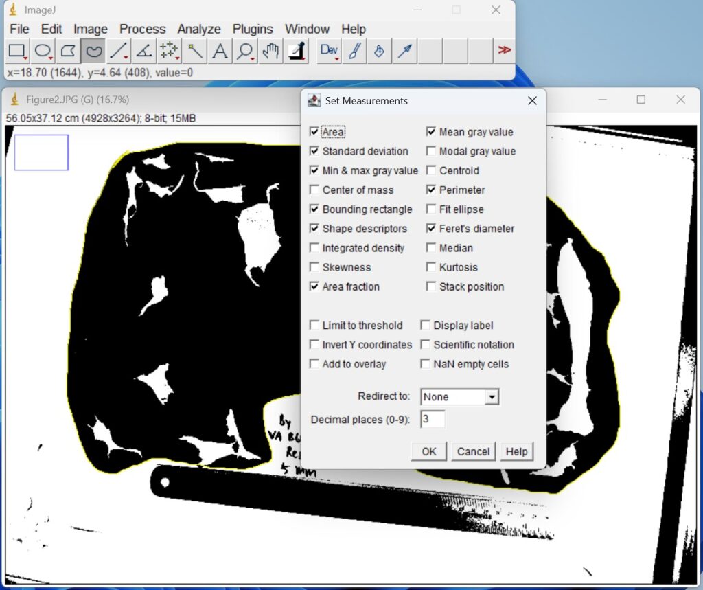 Screenshot of ImageJ software, adjusting the image measurements on toolbar settings