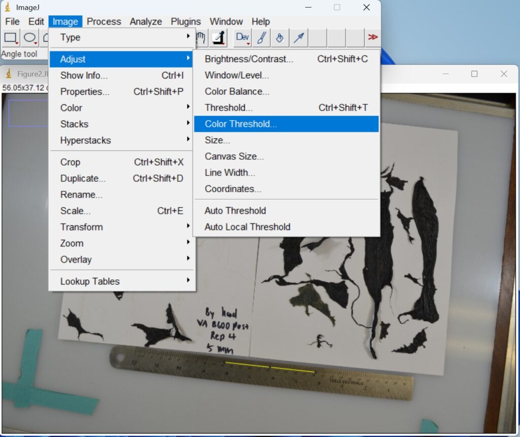 Screenshot of ImageJ software, adjusting the color threshold tool setting