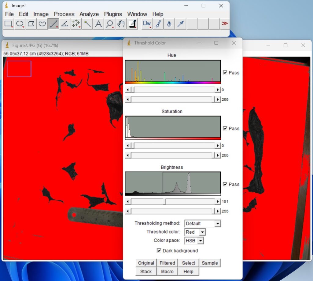 Screenshot of ImageJ software, showing Threshold color: Hue, Saturation, Brightness tool setting
