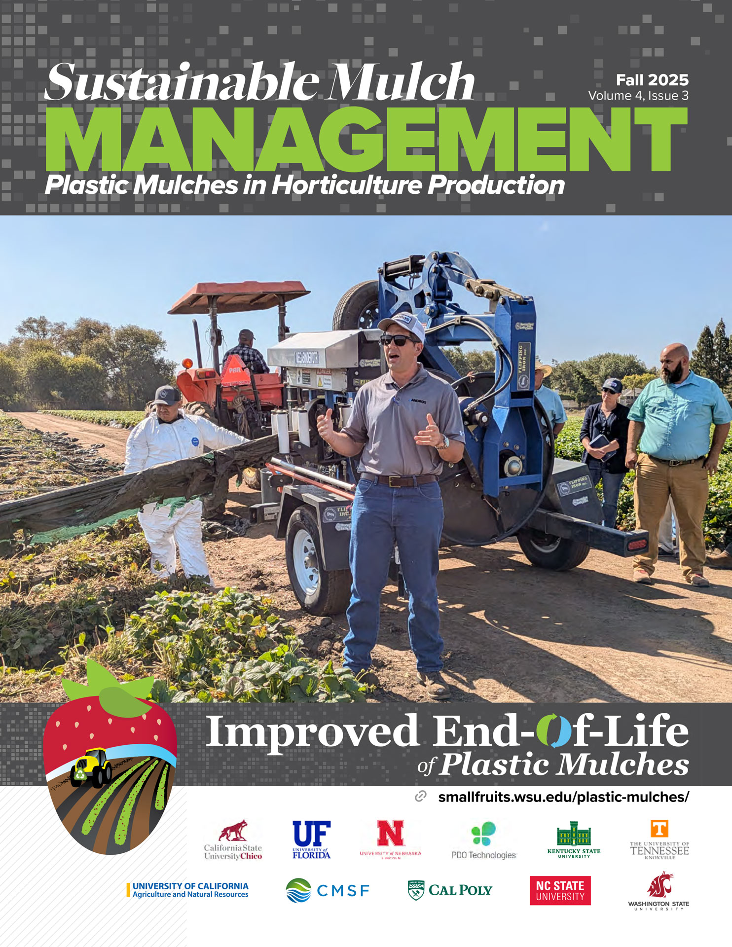 Cover of the Fall 2025 issue. Ben Andros speaking at a field day in front of a collection machine.