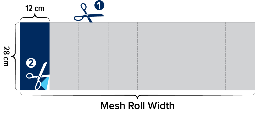 Fabric cutting diagram; cut in 28 cm sections, then into 12 cm strips.