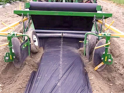 Installed mulch sheet exiting machine. Small, loose ripples in surface of sheet.