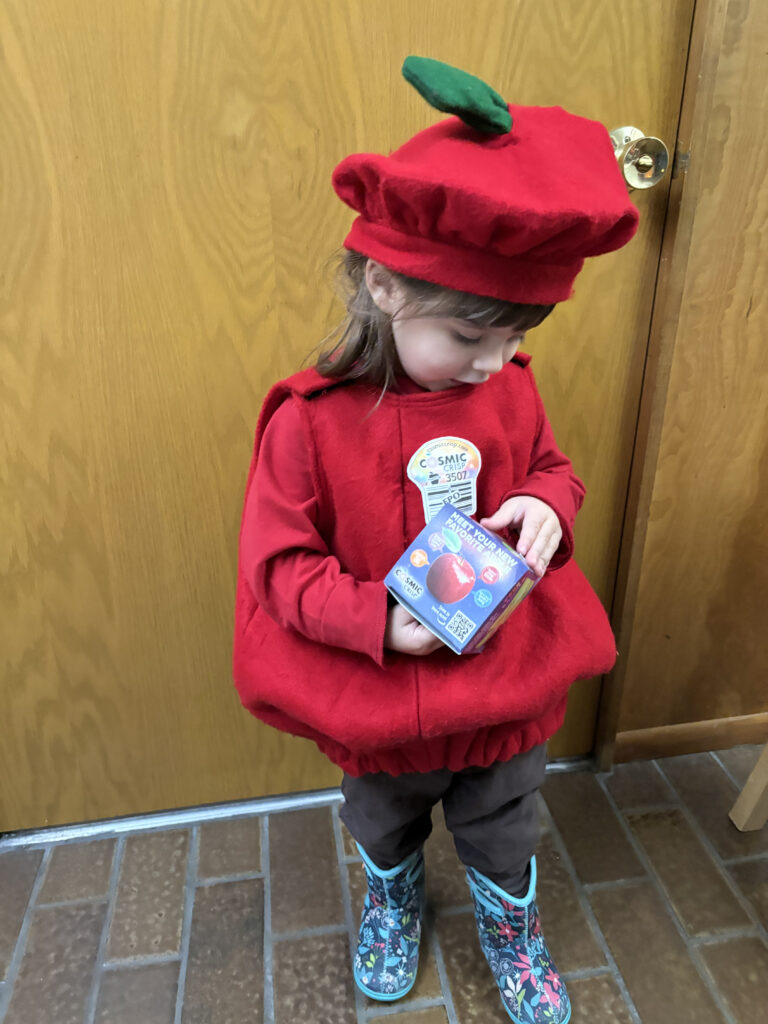 A small child in a Cosmic Crisp apple costume looking down and holding a box with a Cosmic Crisp apple in it.