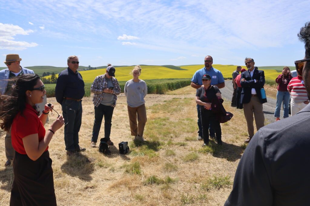 Roughly a dozen people standing near green and yellow fields. Most of the group is looking and listening to a person who is speaking into a small microphone.
