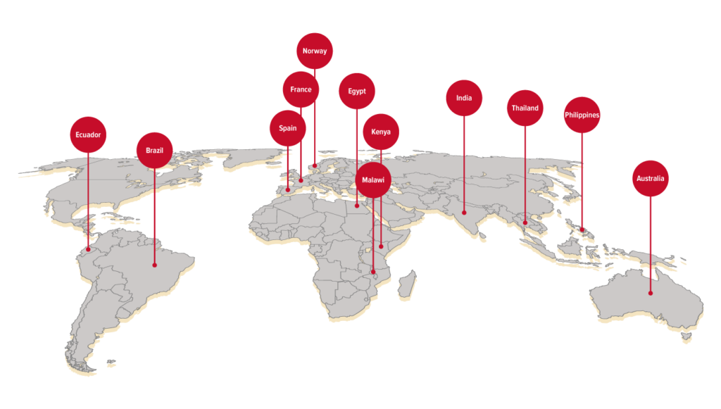 World map identifying countries where listed faculty received fulbright awards. 
