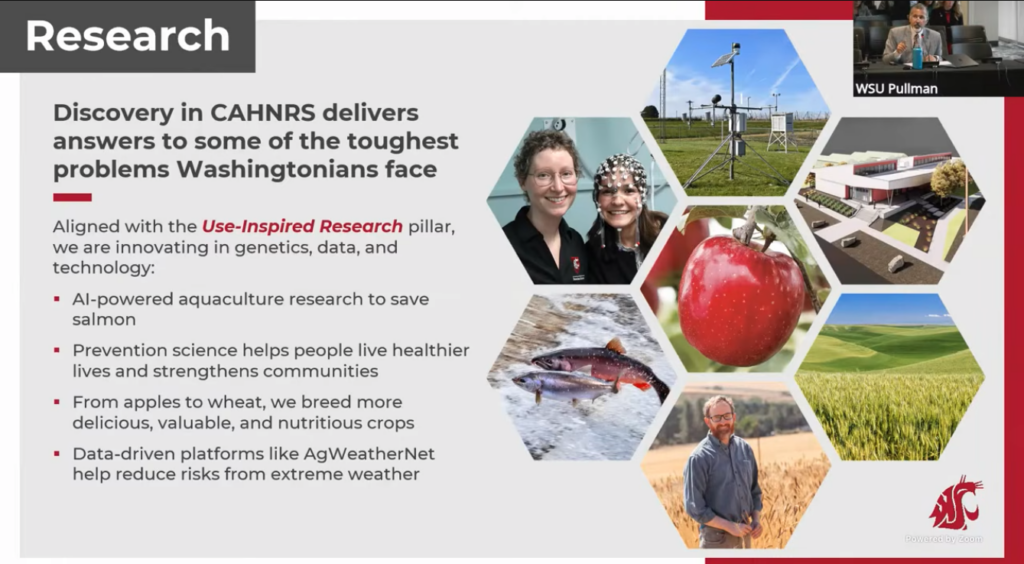 Research slide with Dean Khosla pictured in a small box in the upper righthand corner with the text "WSU Pullman" below his image. Text on the slide reads: "Research: Discovery in CAHNRS delivers answers to some of the toughest problems Washingtonians face. Aligned with the Use-Inspired Research pillar, we are innovating in genetics, data, and technology: AI-powered aquaculture research to save salmon; prevention science helps people live healthier lives and strengthens communities; from apples to wheat, we breed more delicious, valuable, and nutritious crops; data-driven platforms like AgWeatherNet help reduce risks from extreme weather." Accompanying hexagon-shaped photos on the slide show researchers, agricultural technology, salmon, apples, wheat fields, and research facilities.
