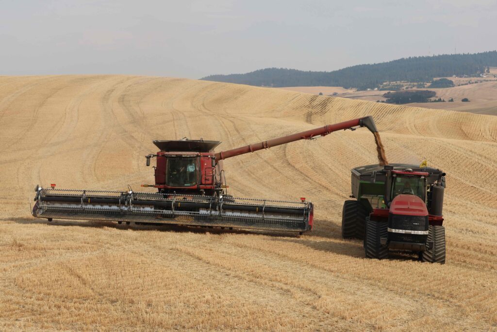 A combine harvester unloads a stream of grain into a grain cart pulled by a large tractor in a recently harvested field of rolling hills.