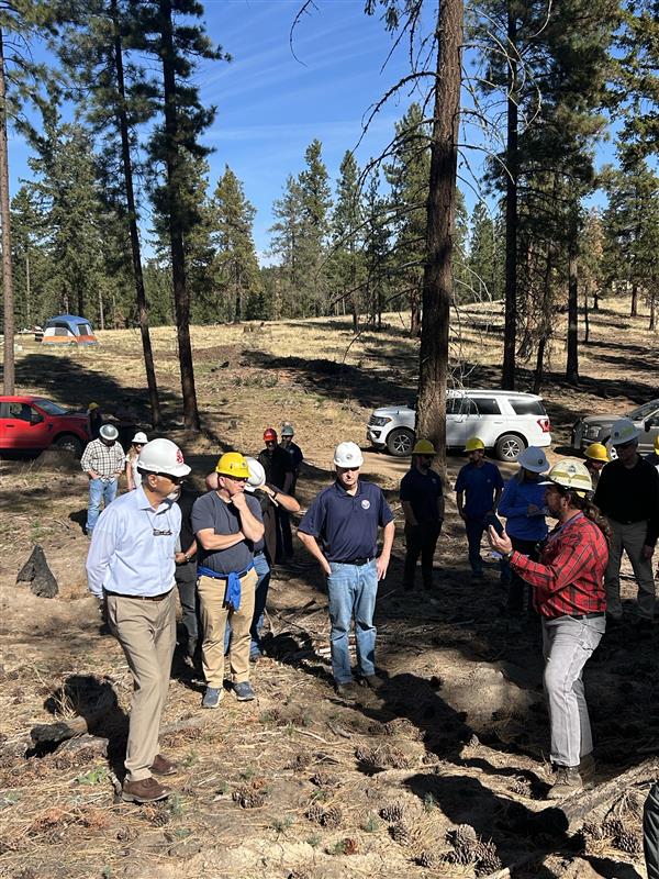 A dozen or so people stand in a forest while on a tour of a prescribed burn. A few vehicles are visible in the background
