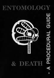 The book cover of a book made by Catts. It's titled "Entomology & Death." There's a graphic of a magnifying lens on a skull.