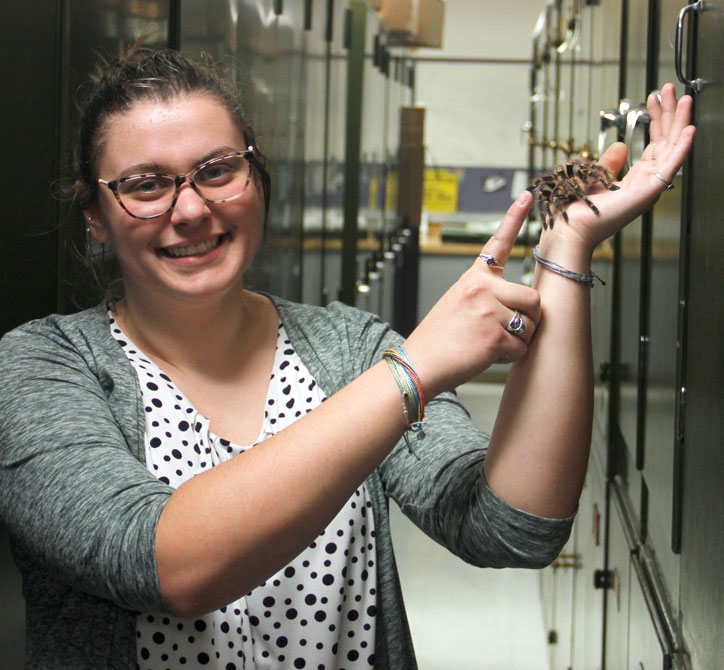 A woman holds up a tarantula in the entomological museum. 