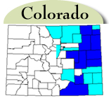 Map of Colorado with counties with jointed goatgrass highlighted in blue. 