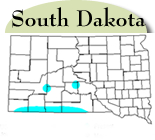 Map of South Dakota with counties with jointed goatgrass highlighted in blue. 