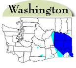 Map of Washington with counties with jointed goatgrass highlighted in blue. 