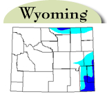 Map of Wyoming with counties with jointed goatgrass highlighted in blue. 