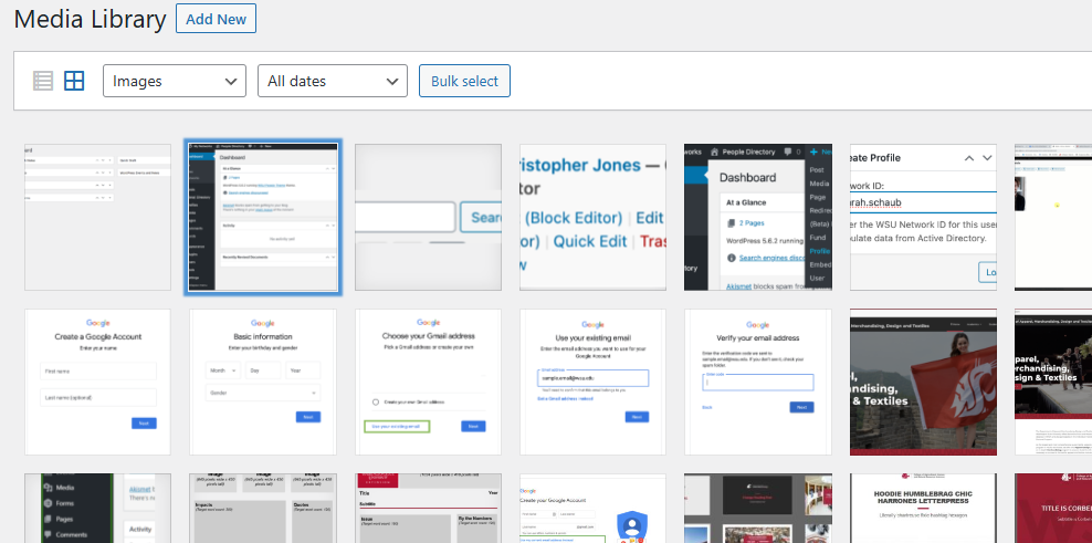 Screenshot of the media library in WordPress.