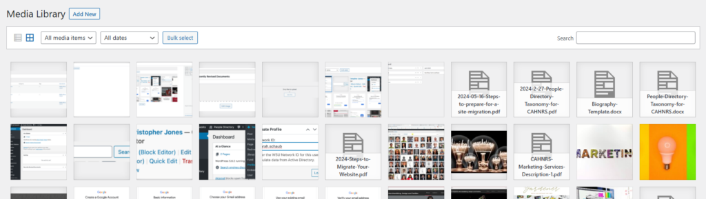 Screenshot of the WordPress media library in Grid View.