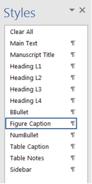 List of Microsoft Word style options, blue square around Figure Caption option.