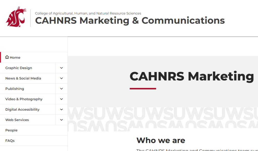 Screenshot of the site navigation that shows the left hand side menu.