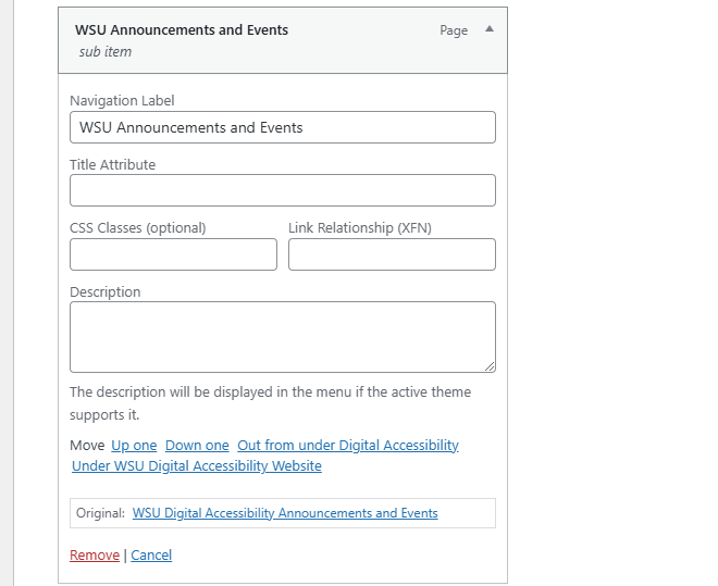 Screenshot of a menu item in the WordPress dashboard that shows the changing of the Navigation Label.
