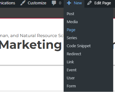 Screenshot of the WordPress admin bar showing how to create a new page.