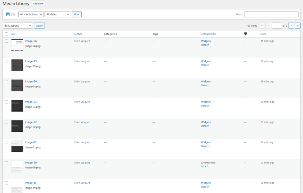 Screenshot of the WordPress media library in List View.