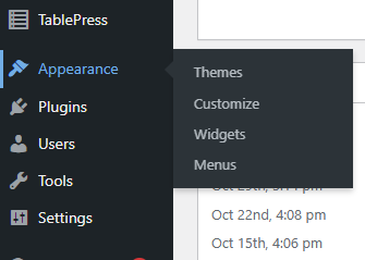 Screenshot of the WordPress dashboard showing the Customize link.