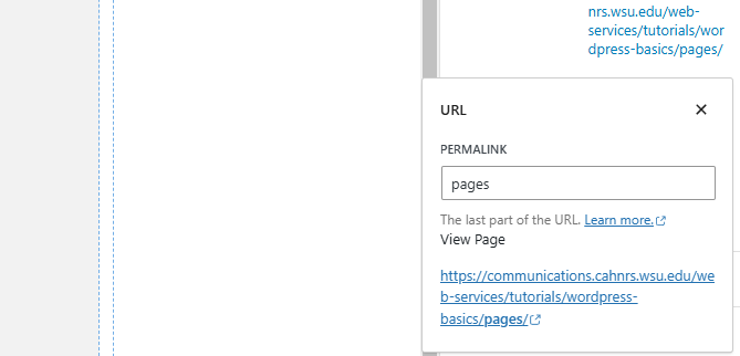 Screenshot of the URL panel in WordPress that allows the user to change the slug of the page.