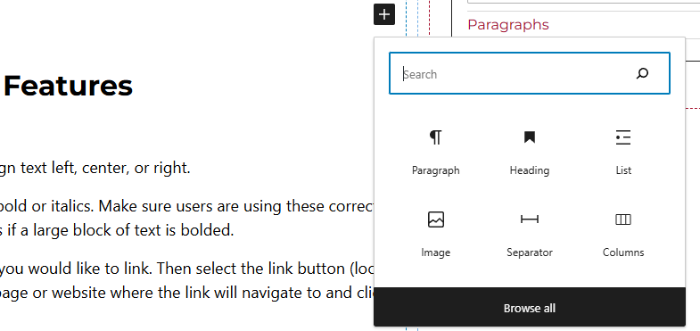 Screenshot showing the different blocks available in the WordPress admin editor.
