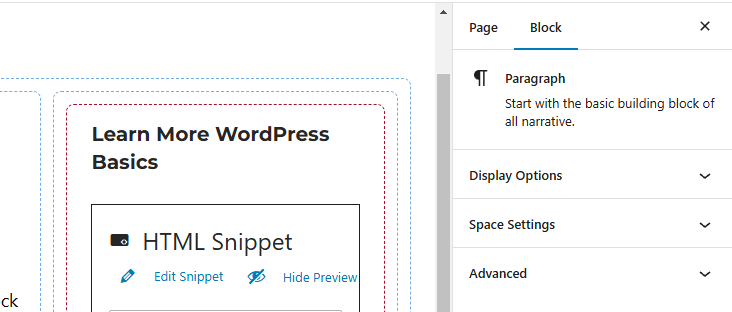 Screenshot of the panels available for the paragraph block.