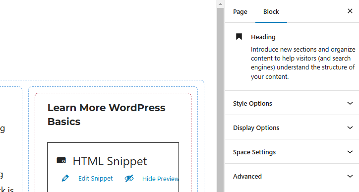 Screenshot of the headings blocks panel options.