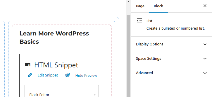 Screenshot showing the panels for the list block.