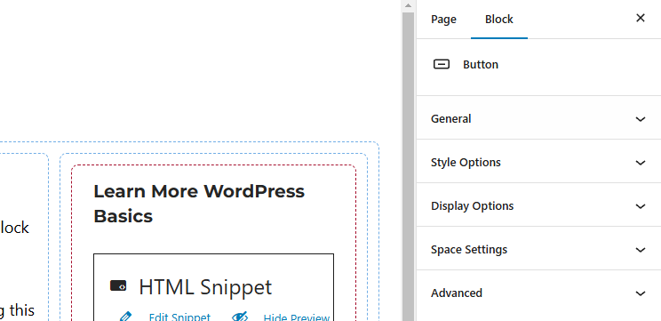 Screenshot of the panels available for the button block.