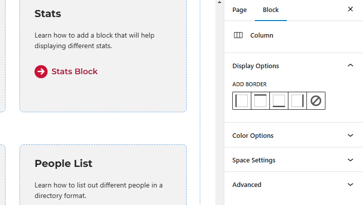 Screenshot of the panels available for the column block.