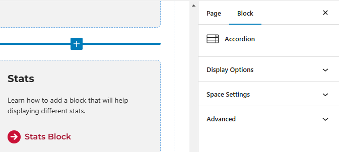 Screenshot of the panels available for the accordion block.