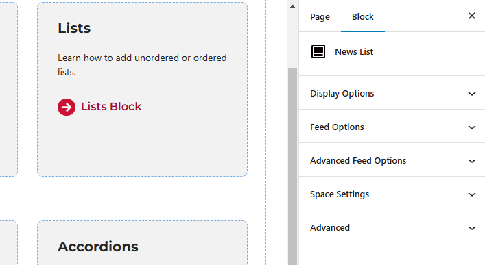 Screenshot of the panels available for the news list block.