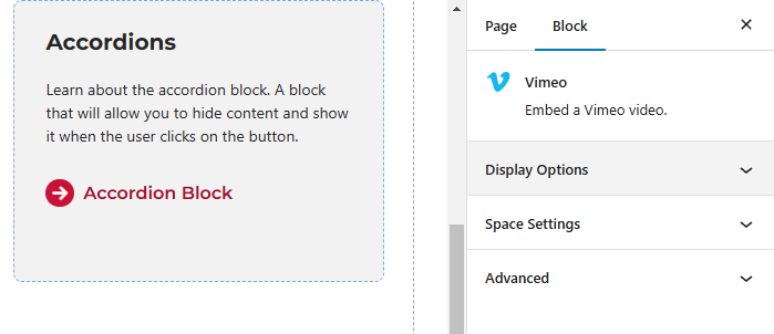 Screenshot of the panels available for the Video block.
