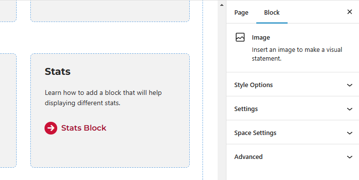 Screenshot of the panels available for the image block.