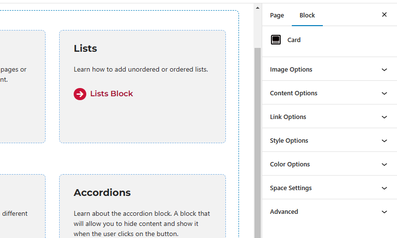 Screenshot of the panels available for the card block.