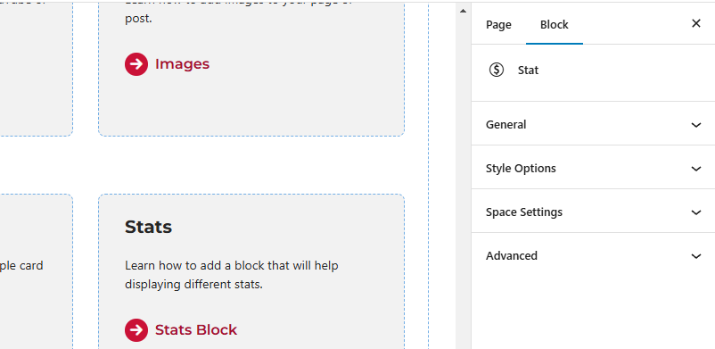 Screenshot of the panels available for the stat block.