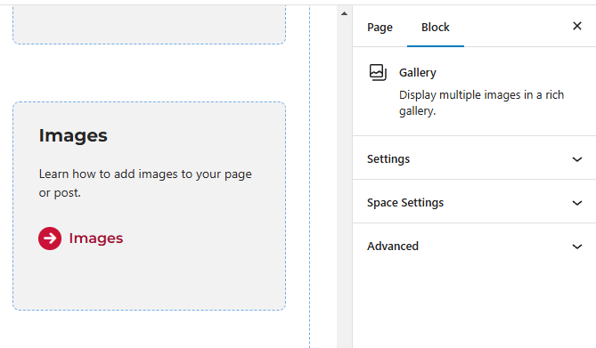 Screenshot of the panels available for the gallery block.