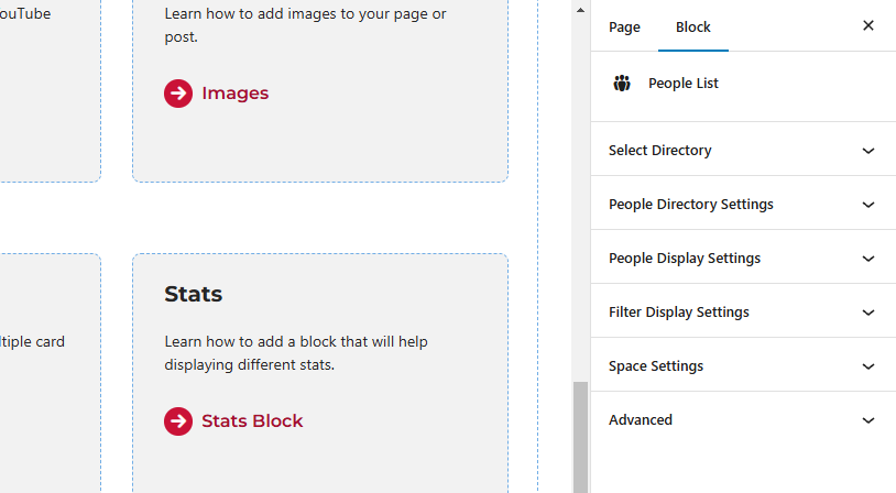 Screenshot of the panels available for the people list block.