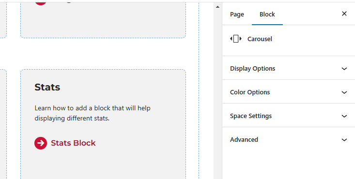 Screenshot of the panels available for the carousel block. 