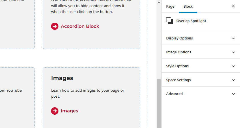 Screenshot of the panels available for the overlap spotlight block.