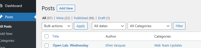 Screenshot of the WordPress dashboard showing the Add New post button.