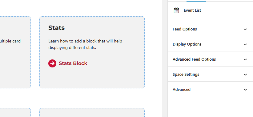 Screenshot of the panels available for the event list block. 