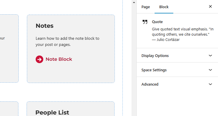 Screenshot of the panels available for the quote block.