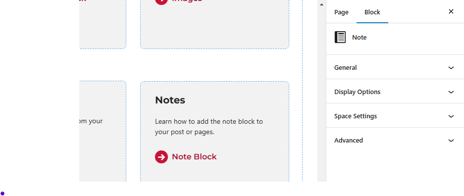 Screenshot of the panels available for the note block.