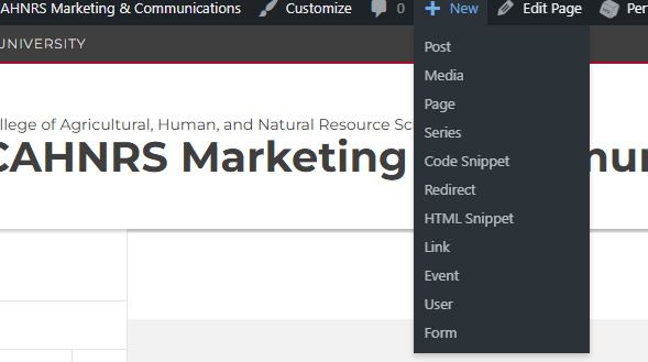 Screenshot of the WordPress admin bar showing how to create a new post.